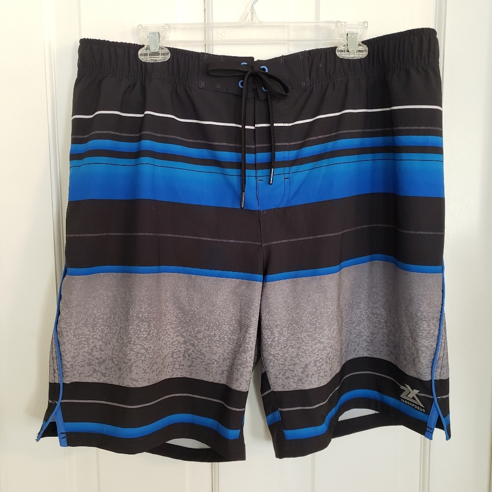 ZeroXposur Men’s Black, Blue & Gray Striped Swim Trunks